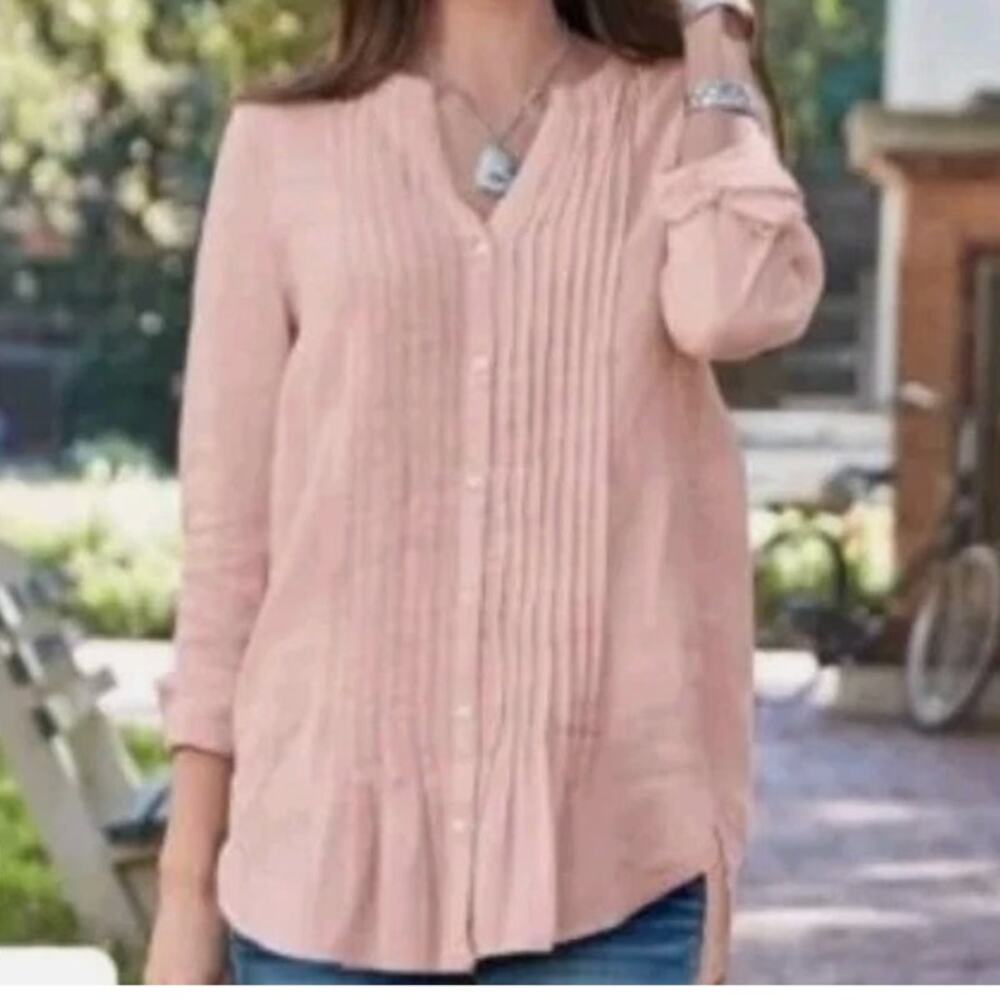 SUNDANCE Warm Breeze 100% Linen Pintuck Notch Neckline Button Front L/S Top M